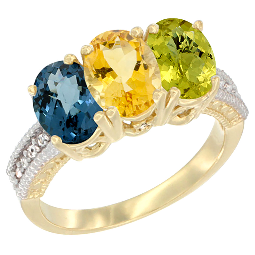 10K Yellow Gold Diamond Natural London Blue Topaz, Citrine &amp; Lemon Quartz Ring 3-Stone Oval 7x5 mm, sizes 5 - 10
