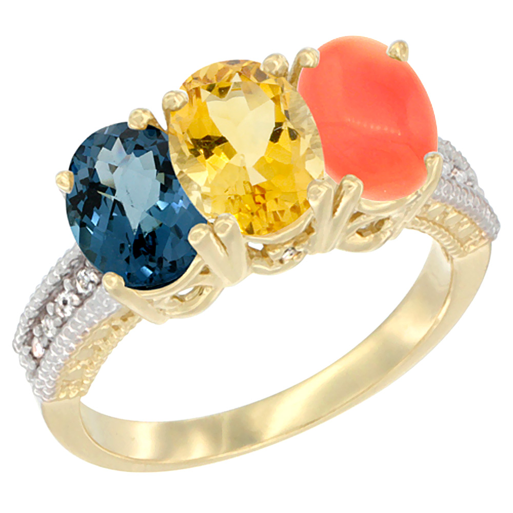 14K Yellow Gold Natural London Blue Topaz, Citrine & Coral Ring 3-Stone 7x5 mm Oval Diamond Accent, sizes 5 - 10