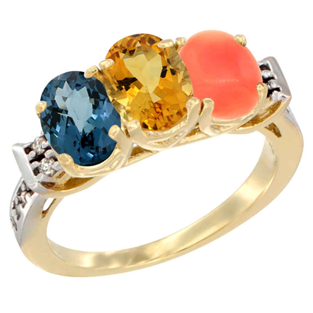 10K Yellow Gold Natural London Blue Topaz, Citrine &amp; Coral Ring 3-Stone Oval 7x5 mm Diamond Accent, sizes 5 - 10