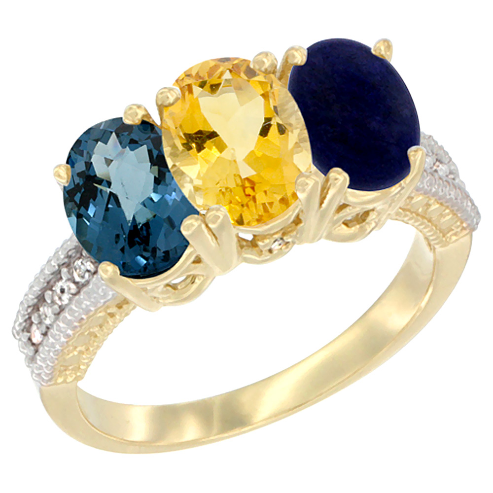 10K Yellow Gold Diamond Natural London Blue Topaz, Citrine & Lapis Ring 3-Stone Oval 7x5 mm, sizes 5 - 10