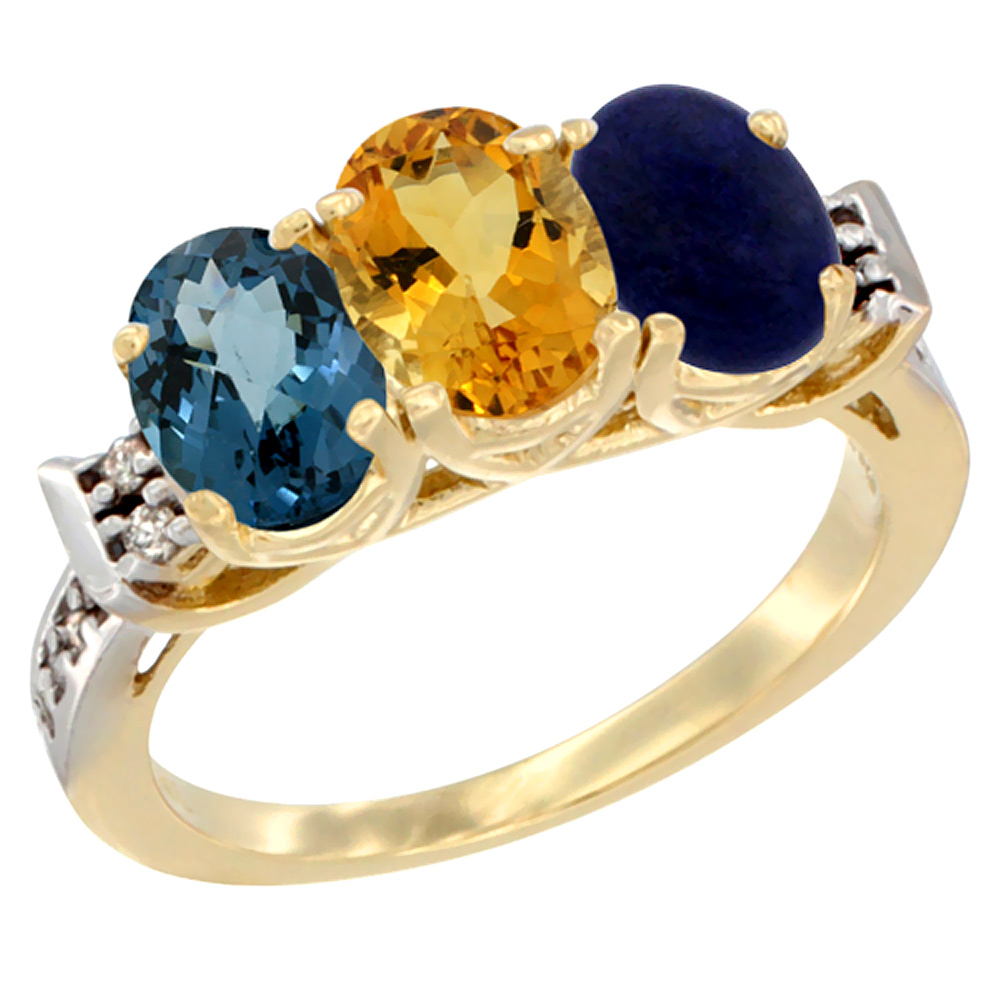 10K Yellow Gold Natural London Blue Topaz, Citrine & Lapis Ring 3-Stone Oval 7x5 mm Diamond Accent, sizes 5 - 10