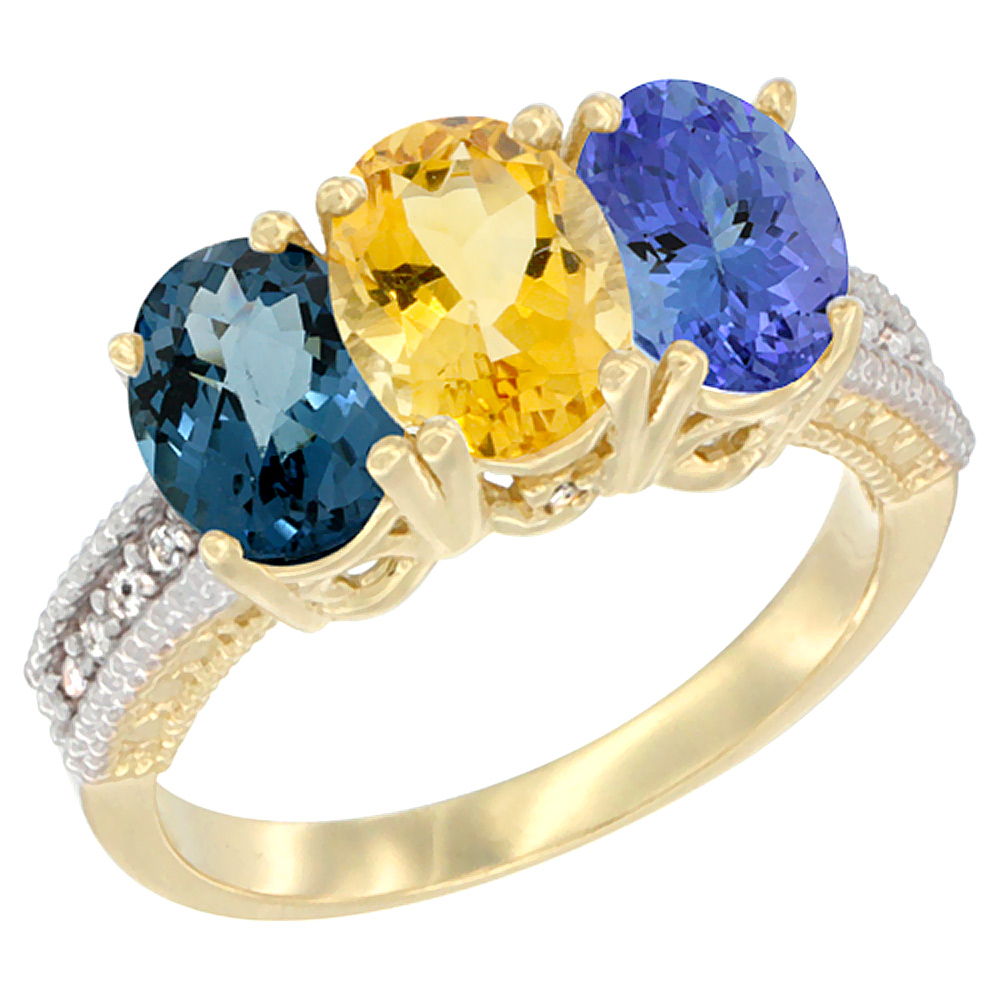 10K Yellow Gold Diamond Natural London Blue Topaz, Citrine &amp; Tanzanite Ring 3-Stone Oval 7x5 mm, sizes 5 - 10