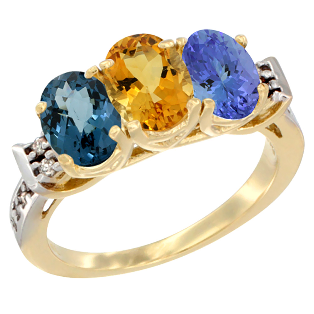 10K Yellow Gold Natural London Blue Topaz, Citrine &amp; Tanzanite Ring 3-Stone Oval 7x5 mm Diamond Accent, sizes 5 - 10