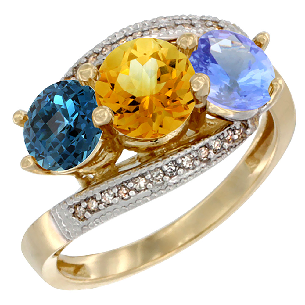 10K Yellow Gold Natural London Blue Topaz, Citrine &amp; Tanzanite 3 stone Ring Round 6mm Diamond Accent, sizes 5 - 10