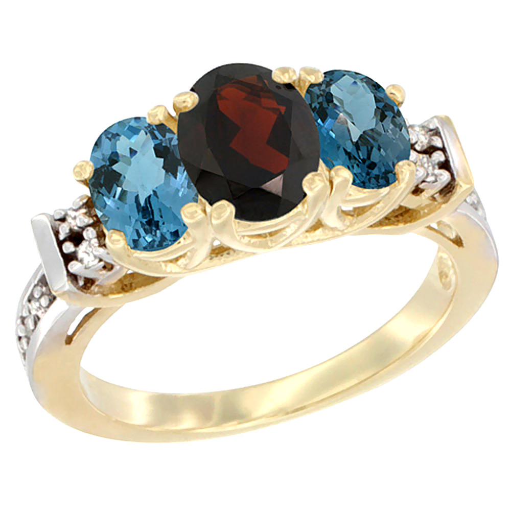 10K Yellow Gold Natural Garnet &amp; London Blue Ring 3-Stone Oval Diamond Accent