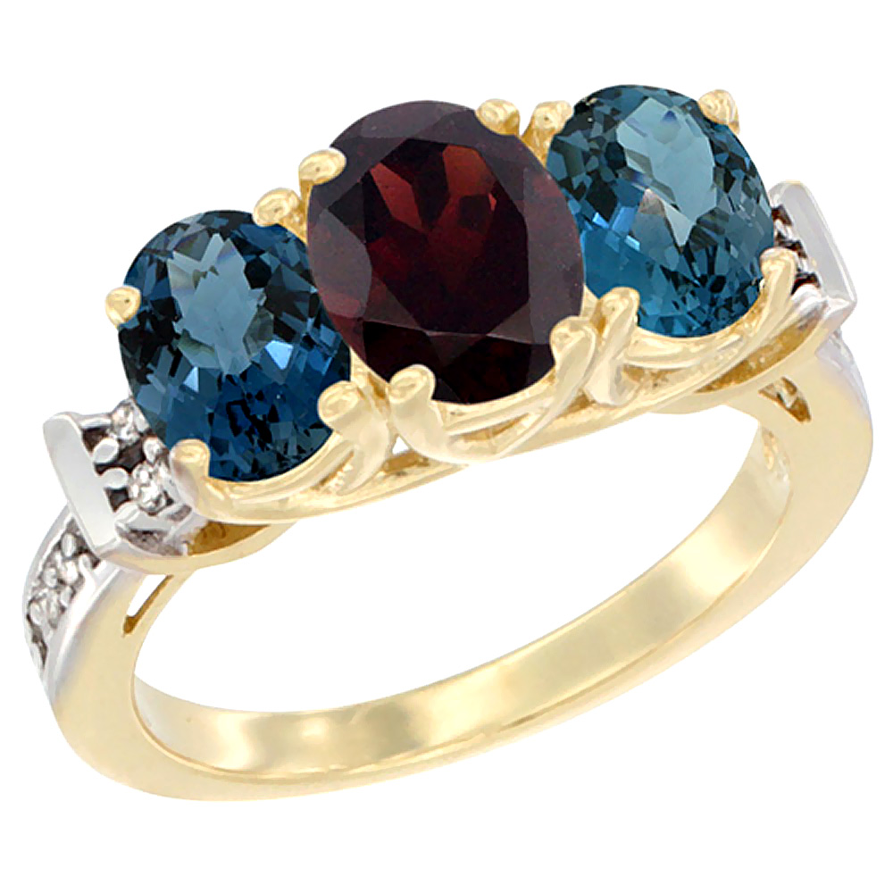 14K Yellow Gold Natural Garnet & London Blue Topaz Sides Ring 3-Stone Oval Diamond Accent, sizes 5 - 10