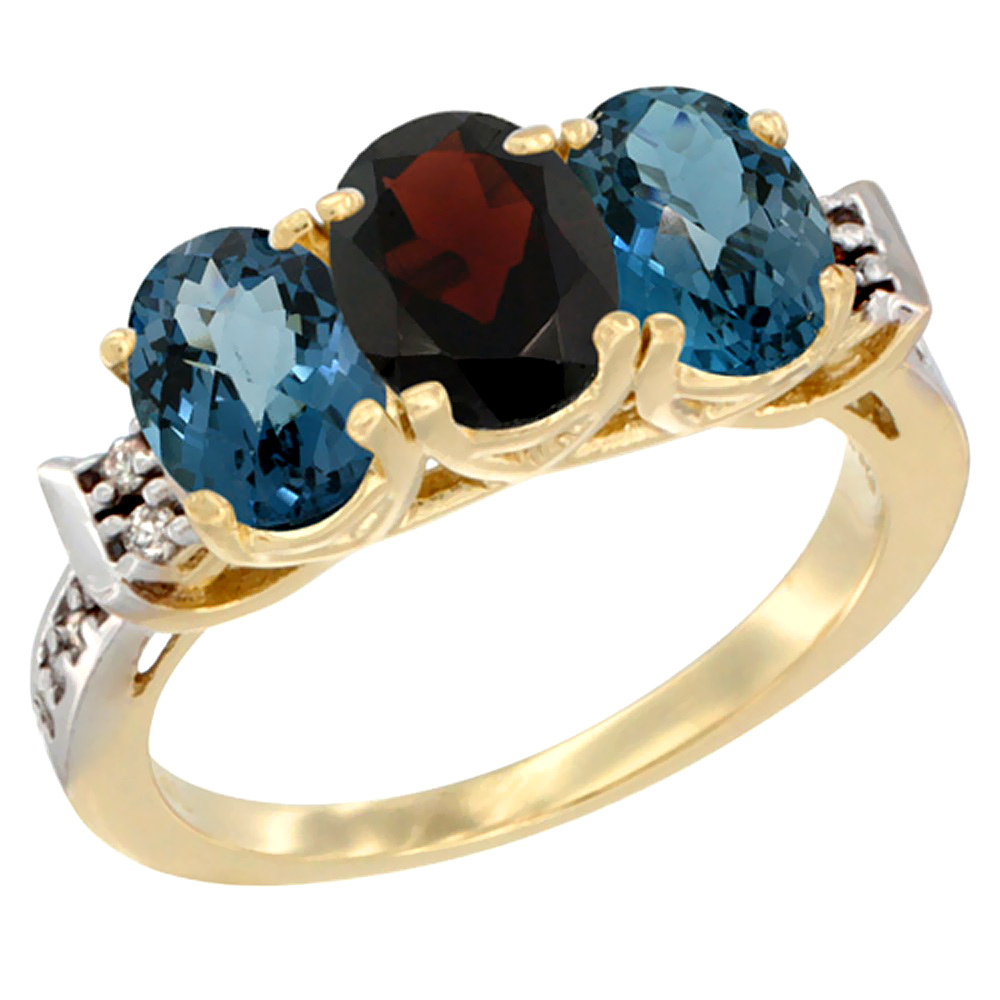 10K Yellow Gold Natural Garnet & London Blue Topaz Sides Ring 3-Stone Oval 7x5 mm Diamond Accent, sizes 5 - 10