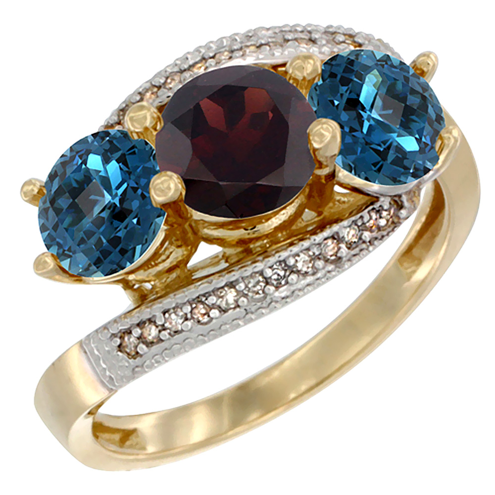 10K Yellow Gold Natural Garnet & London Blue Topaz Sides 3 stone Ring Round 6mm Diamond Accent, sizes 5 - 10