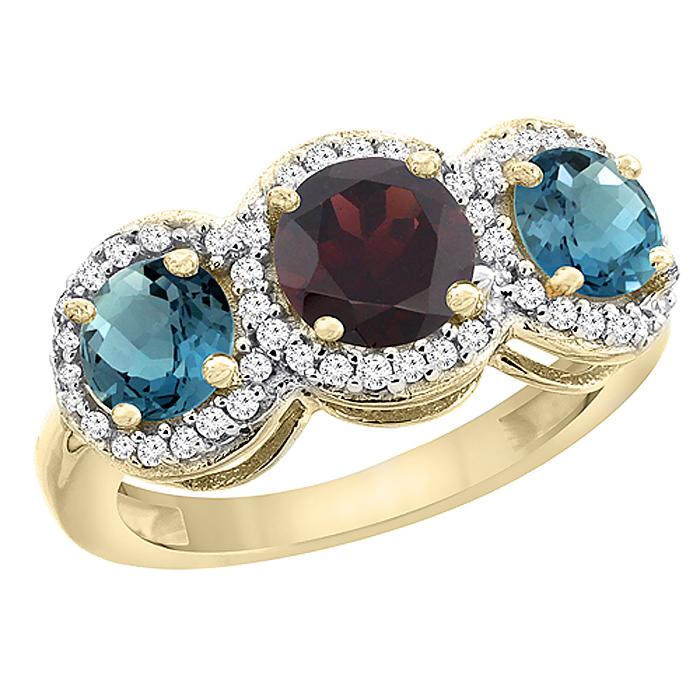 10K Yellow Gold Natural Garnet &amp; London Blue Topaz Sides Round 3-stone Ring Diamond Accents, sizes 5 - 10