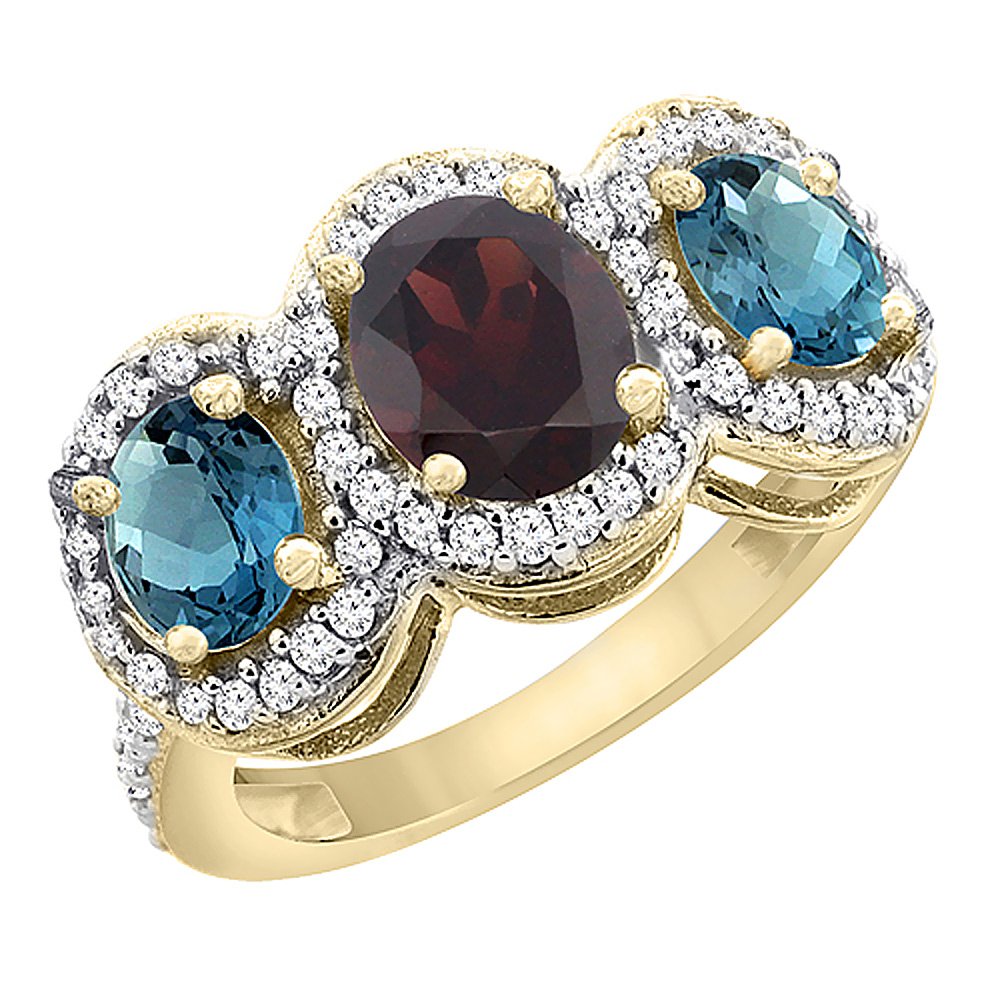 14K Yellow Gold Natural Garnet &amp; London Blue Topaz 3-Stone Ring Oval Diamond Accent, sizes 5 - 10