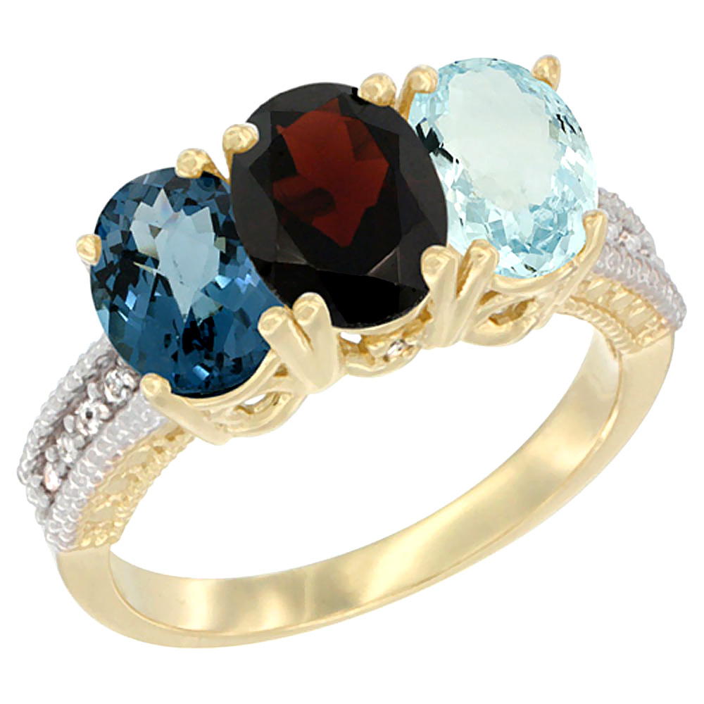 14K Yellow Gold Natural London Blue Topaz, Garnet & Aquamarine Ring 3-Stone 7x5 mm Oval Diamond Accent, sizes 5 - 10