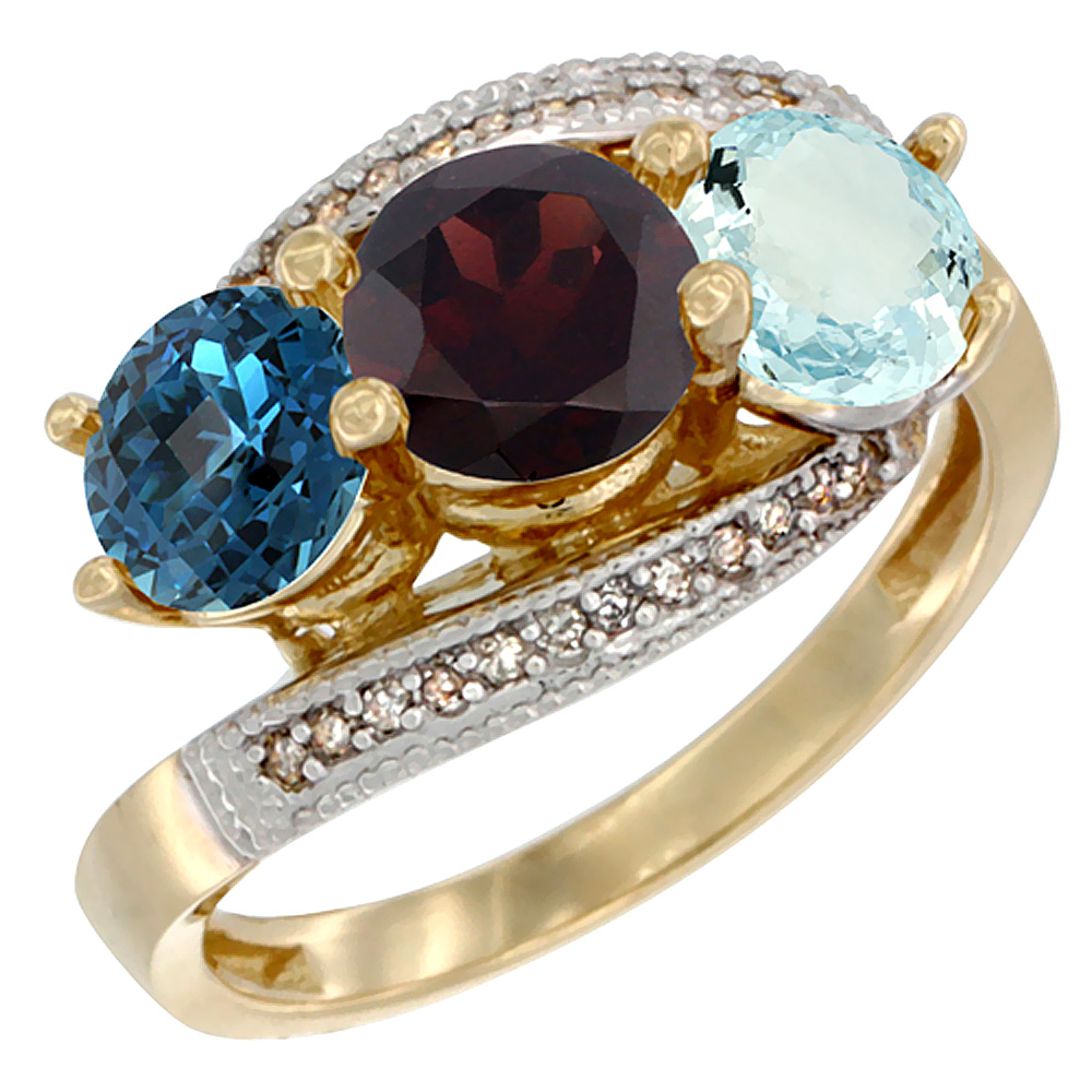 10K Yellow Gold Natural London Blue Topaz, Garnet &amp; Aquamarine 3 stone Ring Round 6mm Diamond Accent, sizes 5 - 10
