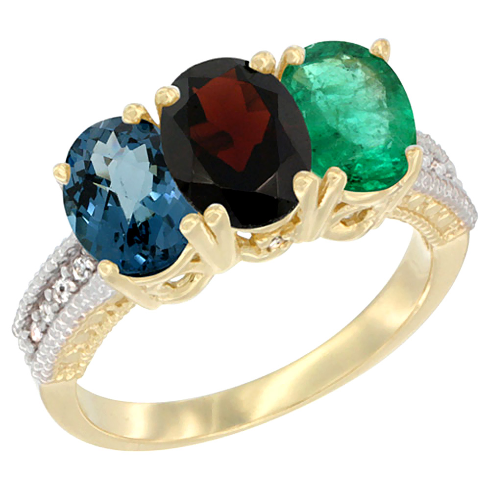 10K Yellow Gold Diamond Natural London Blue Topaz, Garnet & Emerald Ring 3-Stone Oval 7x5 mm, sizes 5 - 10