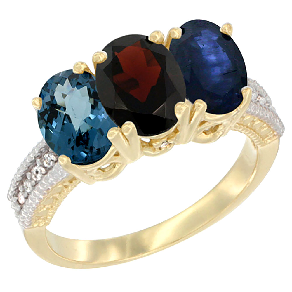 14K Yellow Gold Natural London Blue Topaz, Garnet & Blue Sapphire Ring 3-Stone 7x5 mm Oval Diamond Accent, sizes 5 - 10