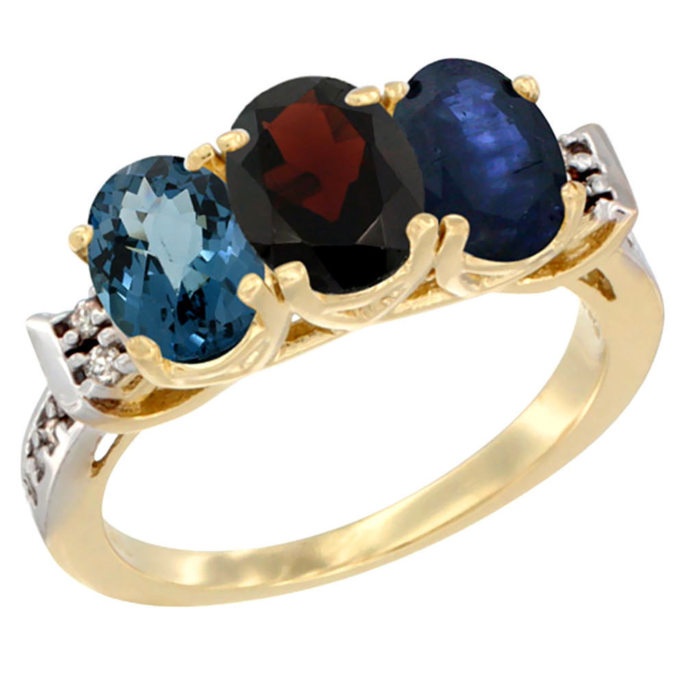 10K Yellow Gold Natural London Blue Topaz, Garnet & Blue Sapphire Ring 3-Stone Oval 7x5 mm Diamond Accent, sizes 5 - 10