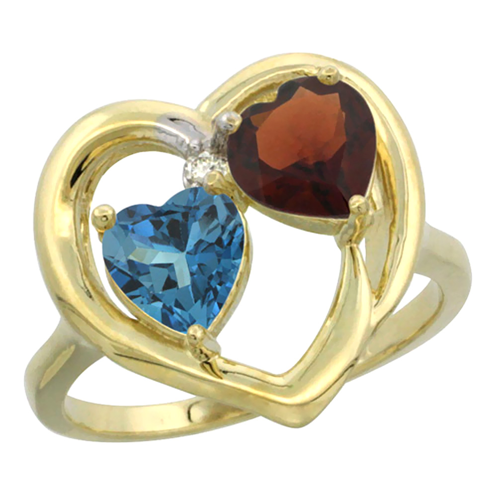 10K Yellow Gold Diamond Two-stone Heart Ring 6mm Natural London Blue Topaz &amp; Garnet, sizes 5-10