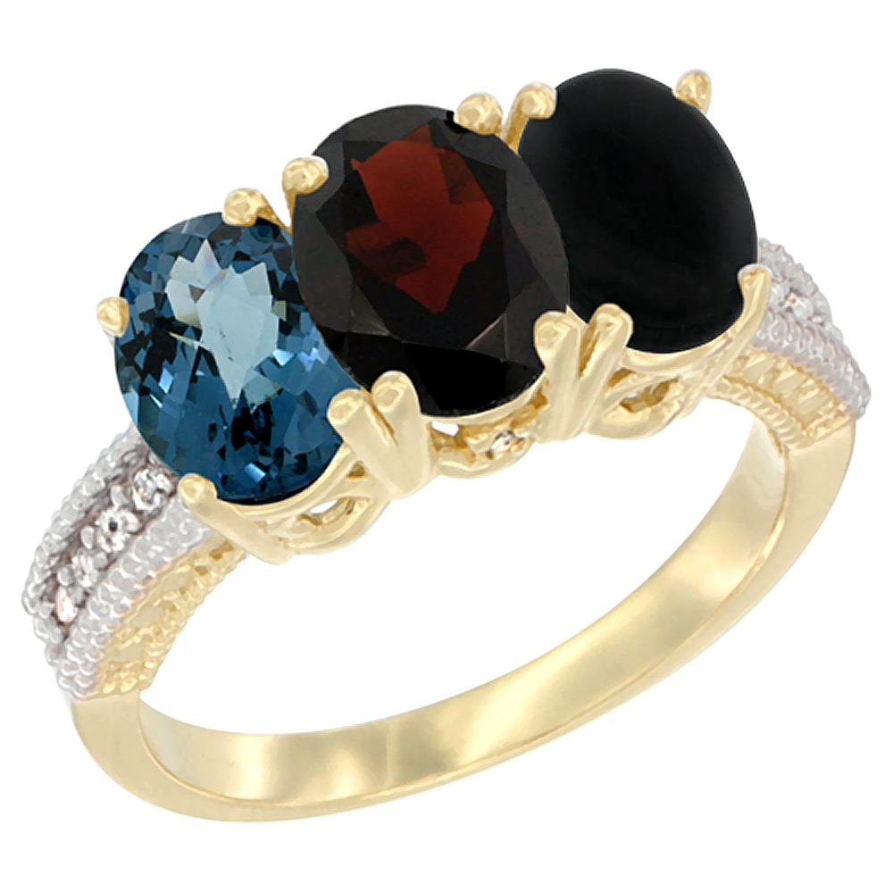10K Yellow Gold Diamond Natural London Blue Topaz, Garnet & Black Onyx Ring 3-Stone Oval 7x5 mm, sizes 5 - 10
