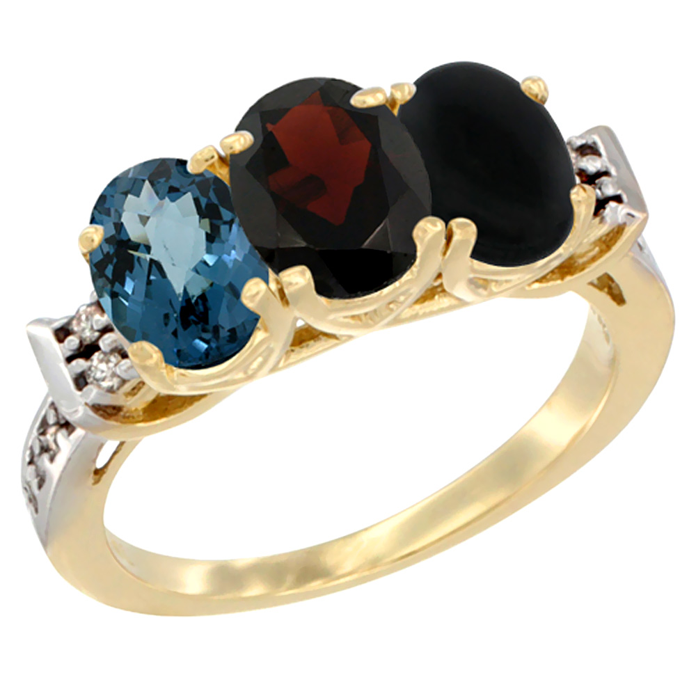 10K Yellow Gold Natural London Blue Topaz, Garnet & Black Onyx Ring 3-Stone Oval 7x5 mm Diamond Accent, sizes 5 - 10