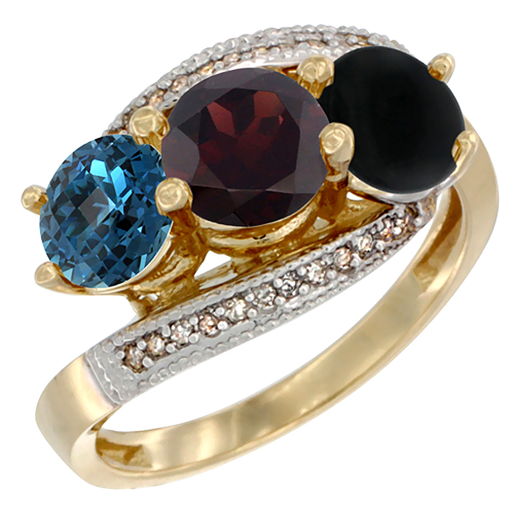 10K Yellow Gold Natural London Blue Topaz, Garnet &amp; Black Onyx 3 stone Ring Round 6mm Diamond Accent, sizes 5 - 10