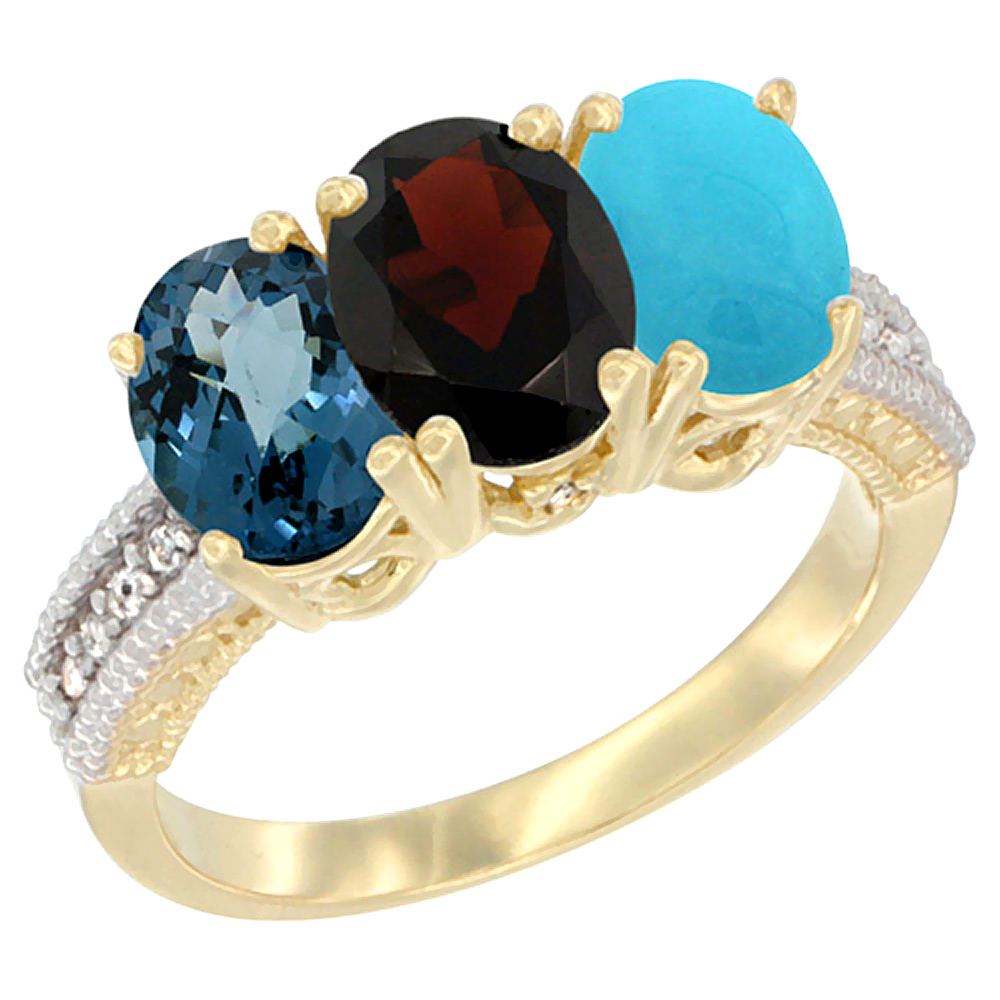 14K Yellow Gold Natural London Blue Topaz, Garnet &amp; Turquoise Ring 3-Stone 7x5 mm Oval Diamond Accent, sizes 5 - 10