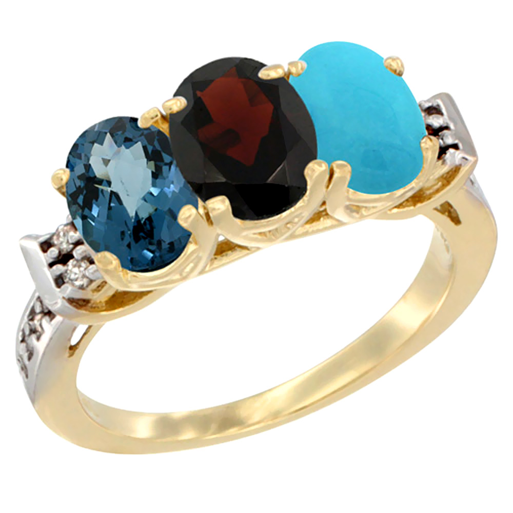 10K Yellow Gold Natural London Blue Topaz, Garnet & Turquoise Ring 3-Stone Oval 7x5 mm Diamond Accent, sizes 5 - 10
