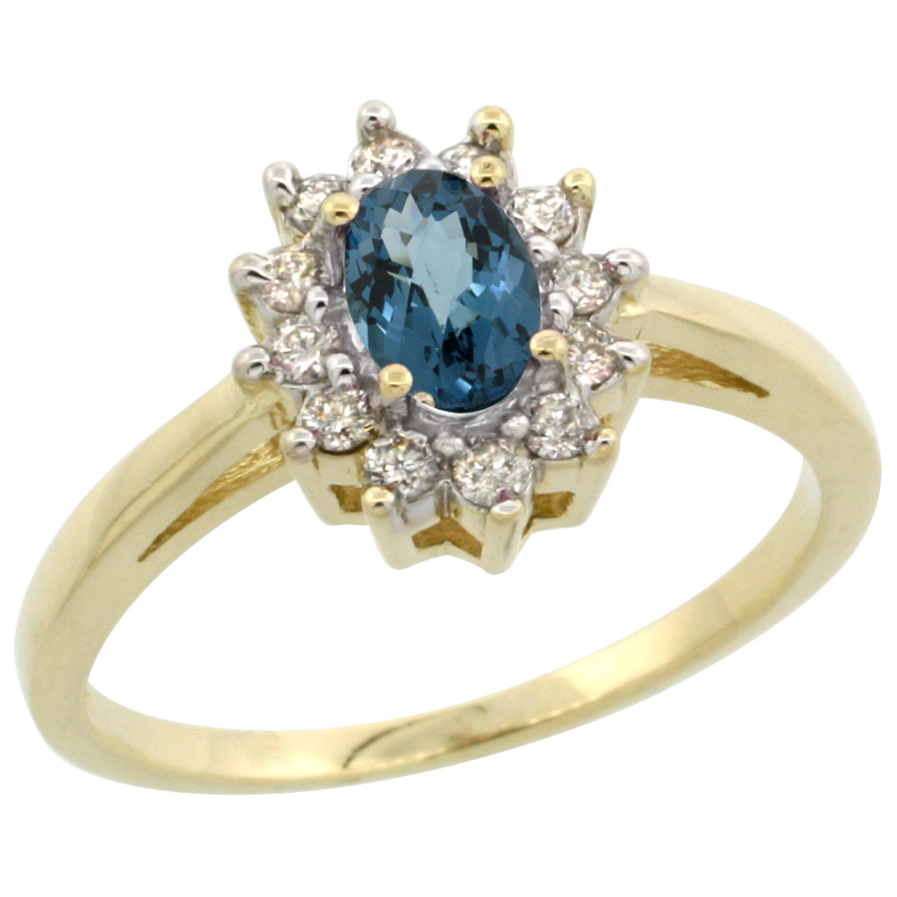 14K Yellow Gold Natural London Blue Topaz Flower Diamond Halo Ring Oval 6x4 mm, sizes 5 10