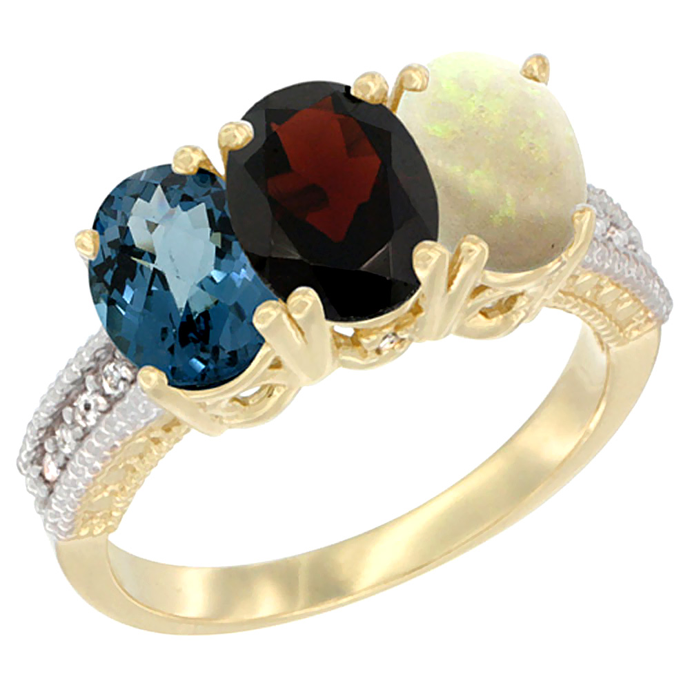 10K Yellow Gold Diamond Natural London Blue Topaz, Garnet & Opal Ring 3-Stone Oval 7x5 mm, sizes 5 - 10