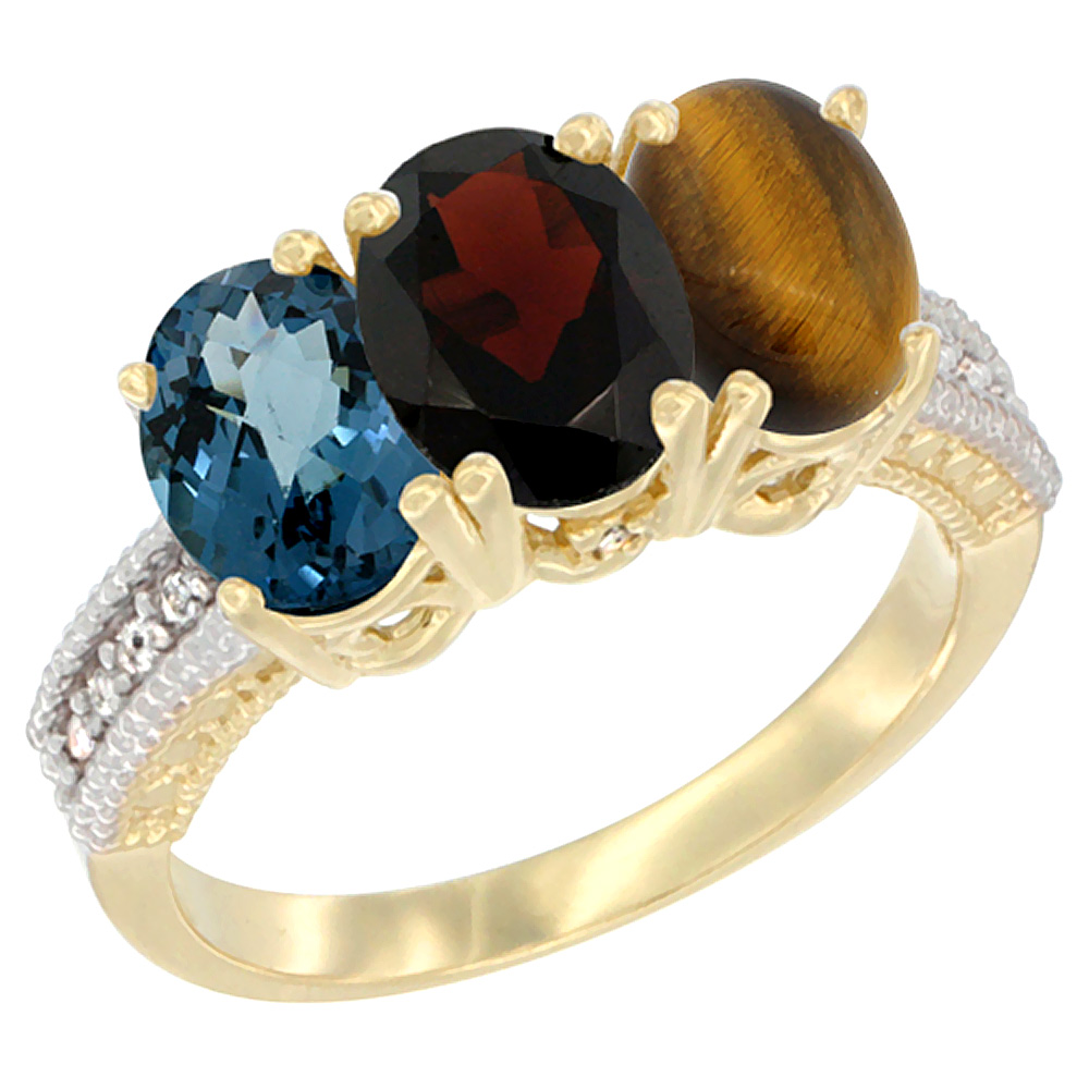 14K Yellow Gold Natural London Blue Topaz, Garnet & Tiger Eye Ring 3-Stone 7x5 mm Oval Diamond Accent, sizes 5 - 10