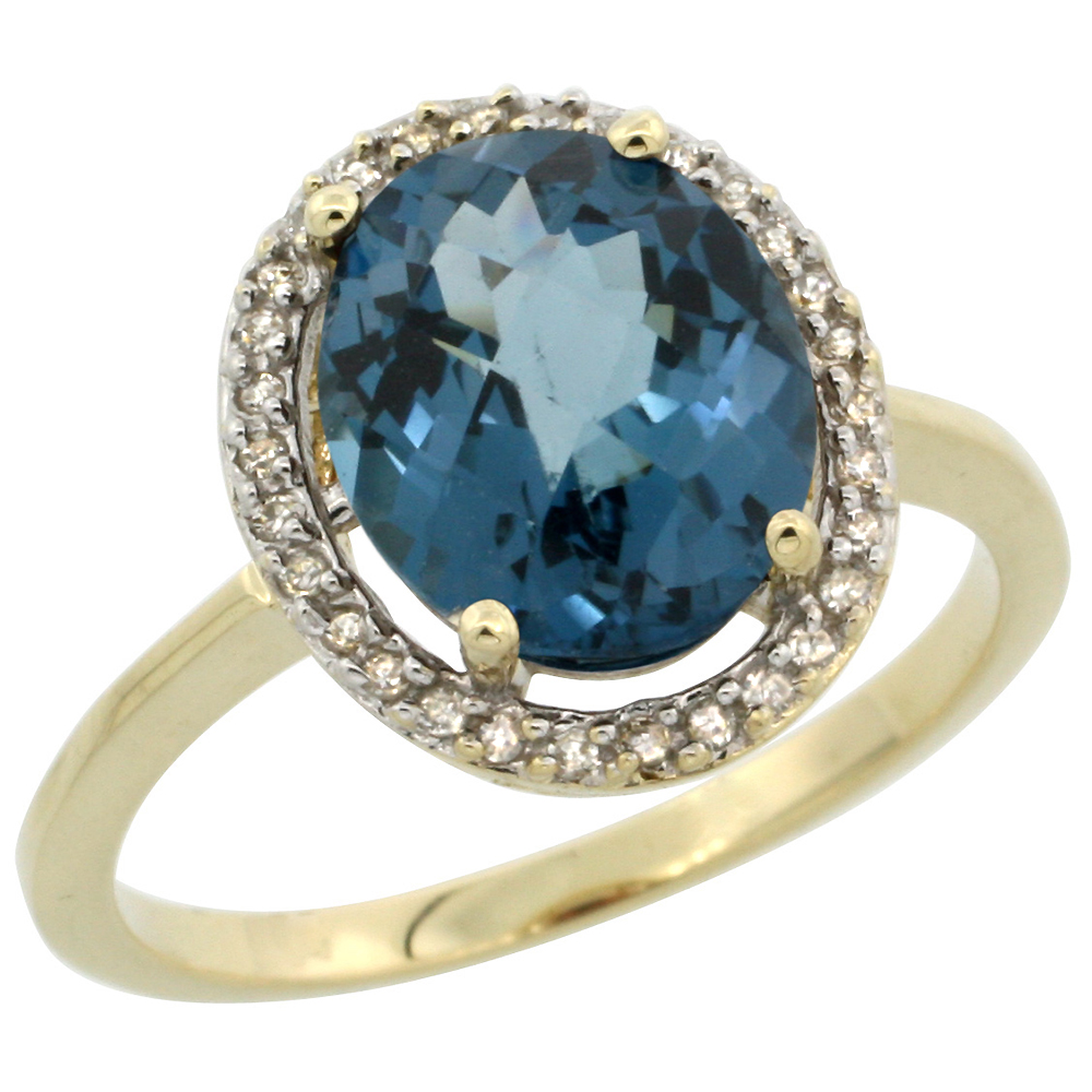10K Yellow Gold Diamond Halo Natural London Blue Topaz Engagement Ring Oval 10x8 mm, sizes 5-10