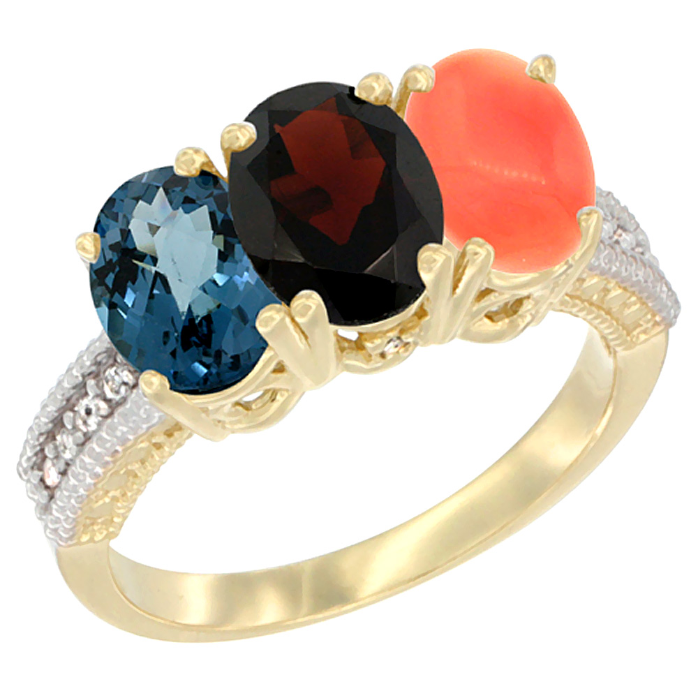 14K Yellow Gold Natural London Blue Topaz, Garnet &amp; Coral Ring 3-Stone 7x5 mm Oval Diamond Accent, sizes 5 - 10