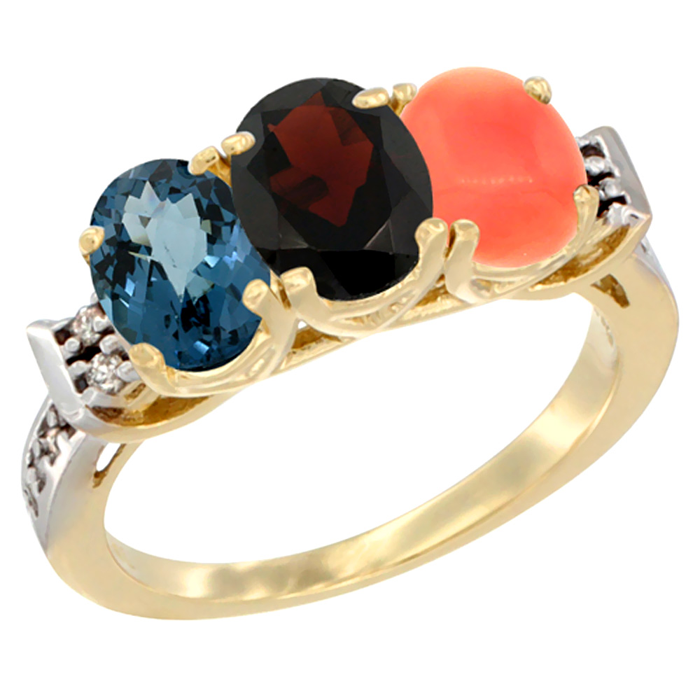 14K Yellow Gold Natural London Blue Topaz, Garnet & Coral Ring 3-Stone 7x5 mm Oval Diamond Accent, sizes 5 - 10