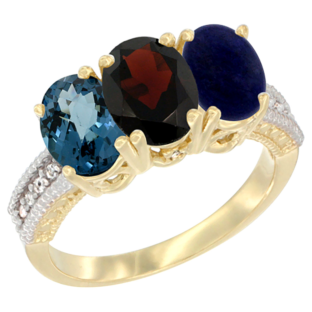 10K Yellow Gold Diamond Natural London Blue Topaz, Garnet & Lapis Ring 3-Stone Oval 7x5 mm, sizes 5 - 10