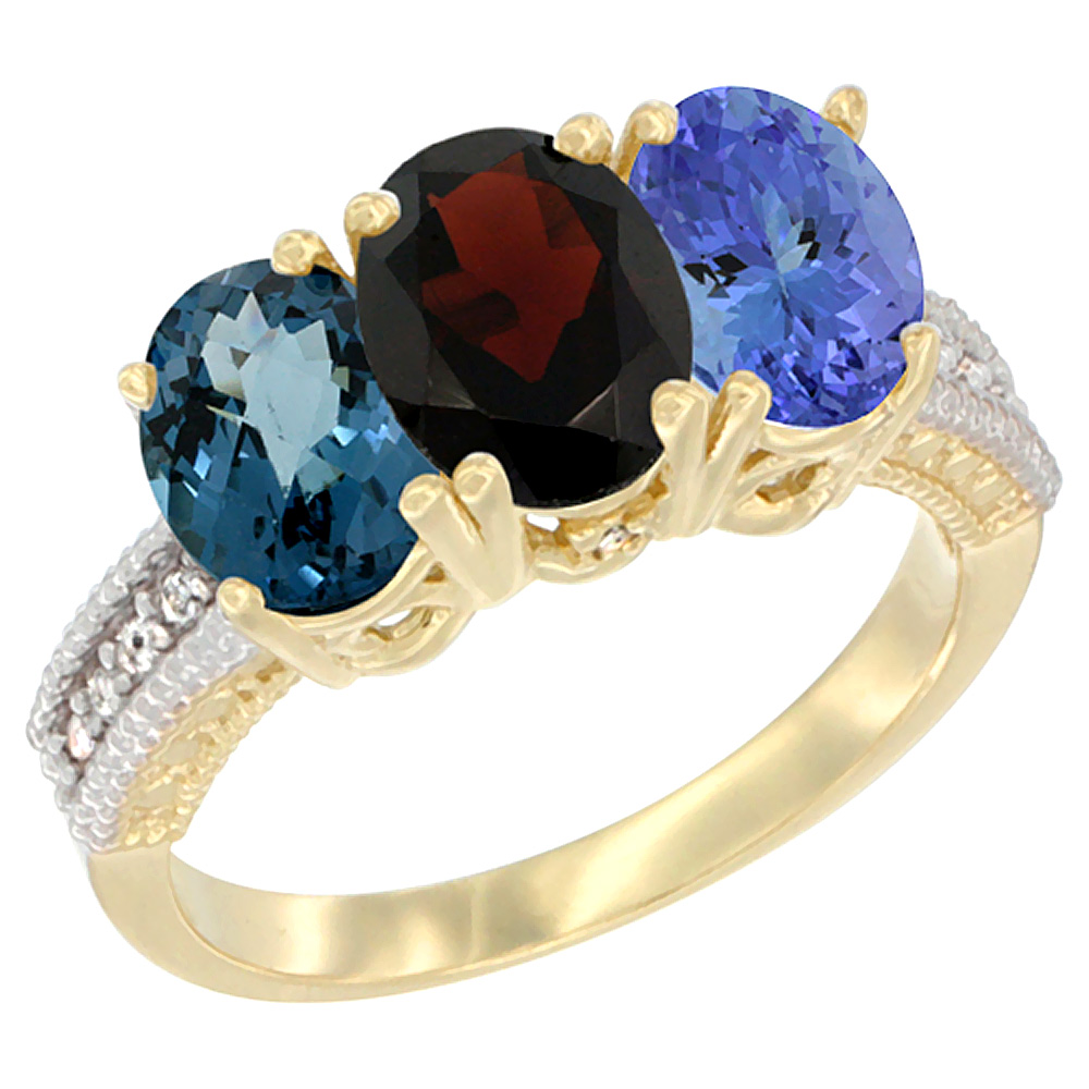 10K Yellow Gold Diamond Natural London Blue Topaz, Garnet & Tanzanite Ring 3-Stone Oval 7x5 mm, sizes 5 - 10