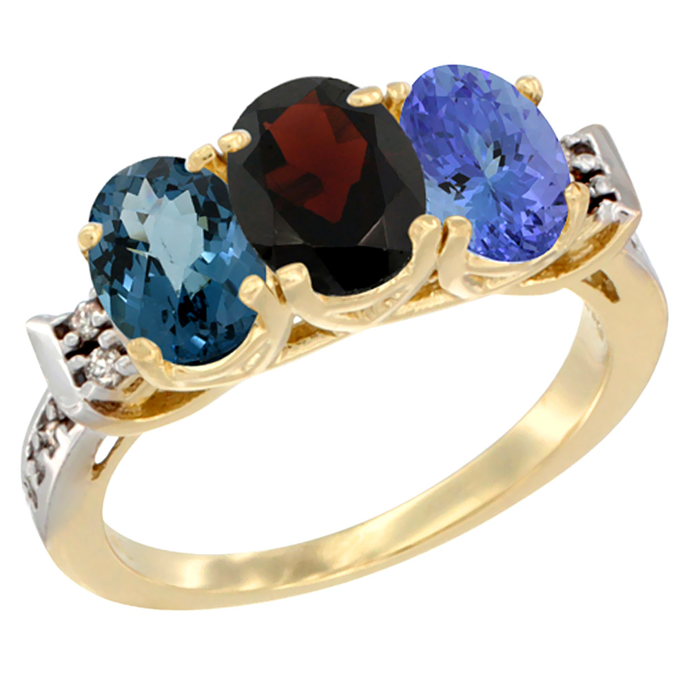 14K Yellow Gold Natural London Blue Topaz, Garnet & Tanzanite Ring 3-Stone 7x5 mm Oval Diamond Accent, sizes 5 - 10