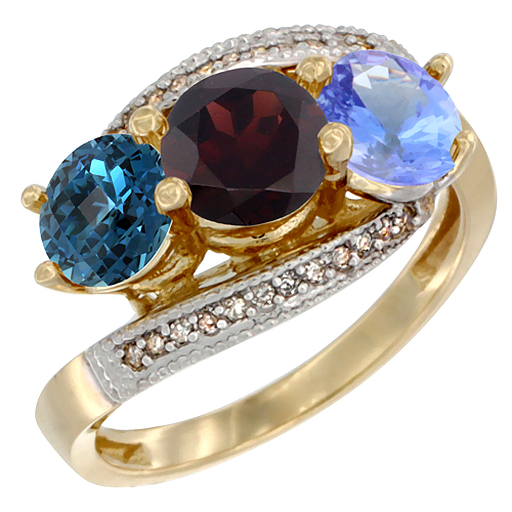 14K Yellow Gold Natural London Blue Topaz, Garnet & Tanzanite 3 stone Ring Round 6mm Diamond Accent, sizes 5 - 10