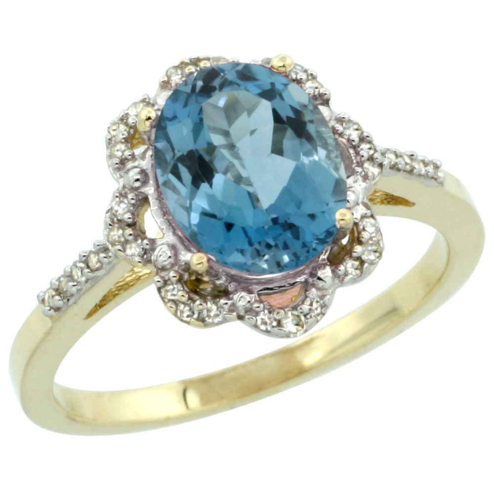 14K Yellow Gold Diamond Halo Natural London Blue Topaz Engagement Ring Oval 9x7mm, sizes 5-10