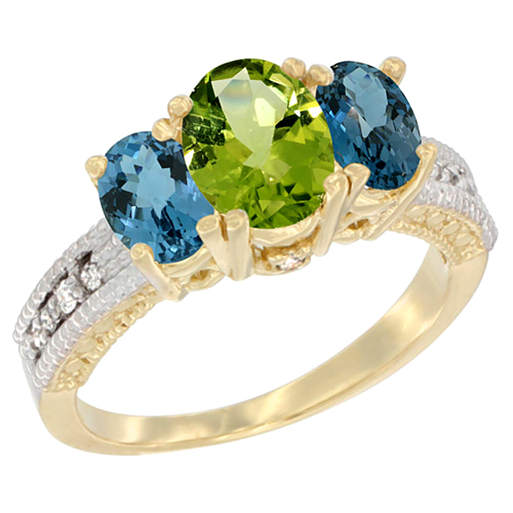 10K Yellow Gold Diamond Natural Peridot Ring Oval 3-stone with London Blue Topaz, sizes 5 - 10