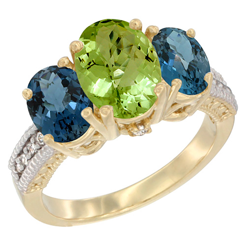 10K Yellow Gold Diamond Natural Peridot Ring 3-Stone Oval 8x6mm with London Blue Topaz, sizes5-10