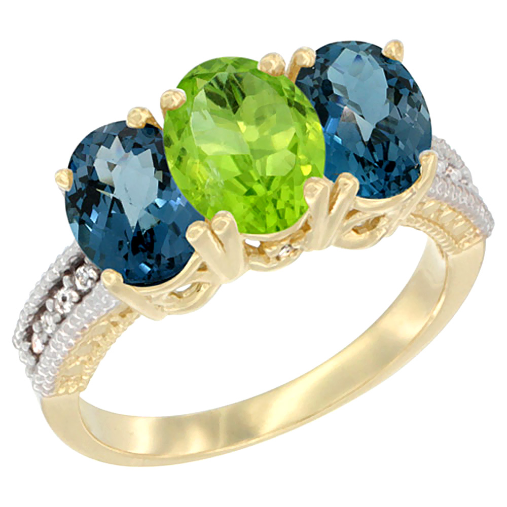14K Yellow Gold Natural Peridot &amp; London Blue Topaz Sides Ring 3-Stone 7x5 mm Oval Diamond Accent, sizes 5 - 10