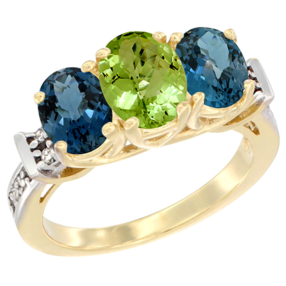 10K Yellow Gold Natural Peridot & London Blue Topaz Sides Ring 3-Stone Oval Diamond Accent, sizes 5 - 10