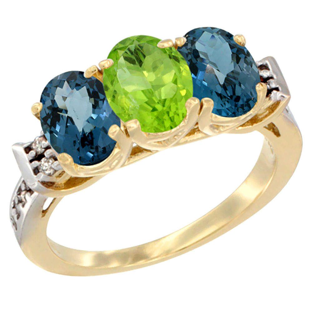 10K Yellow Gold Natural Peridot &amp; London Blue Topaz Sides Ring 3-Stone Oval 7x5 mm Diamond Accent, sizes 5 - 10