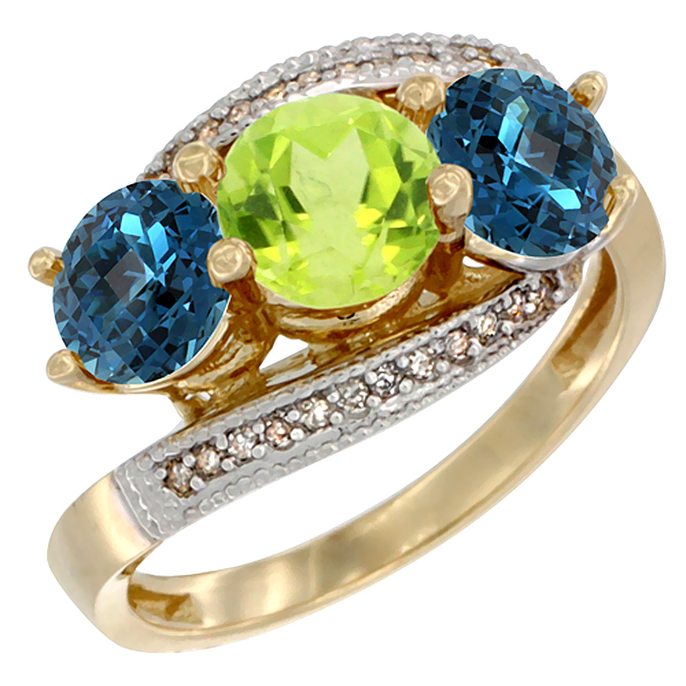 10K Yellow Gold Natural Peridot & London Blue Topaz Sides 3 stone Ring Round 6mm Diamond Accent, sizes 5 - 10