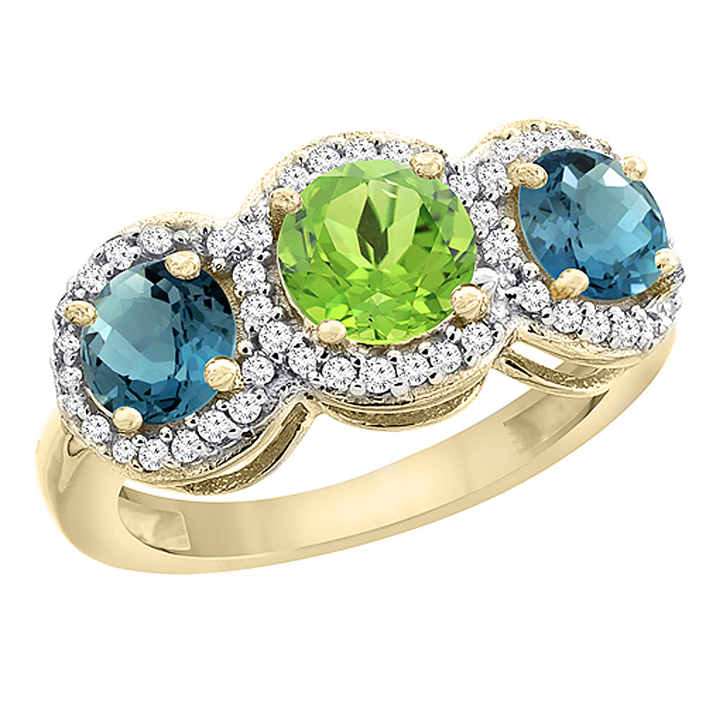 10K Yellow Gold Natural Peridot & London Blue Topaz Sides Round 3-stone Ring Diamond Accents, sizes 5 - 10