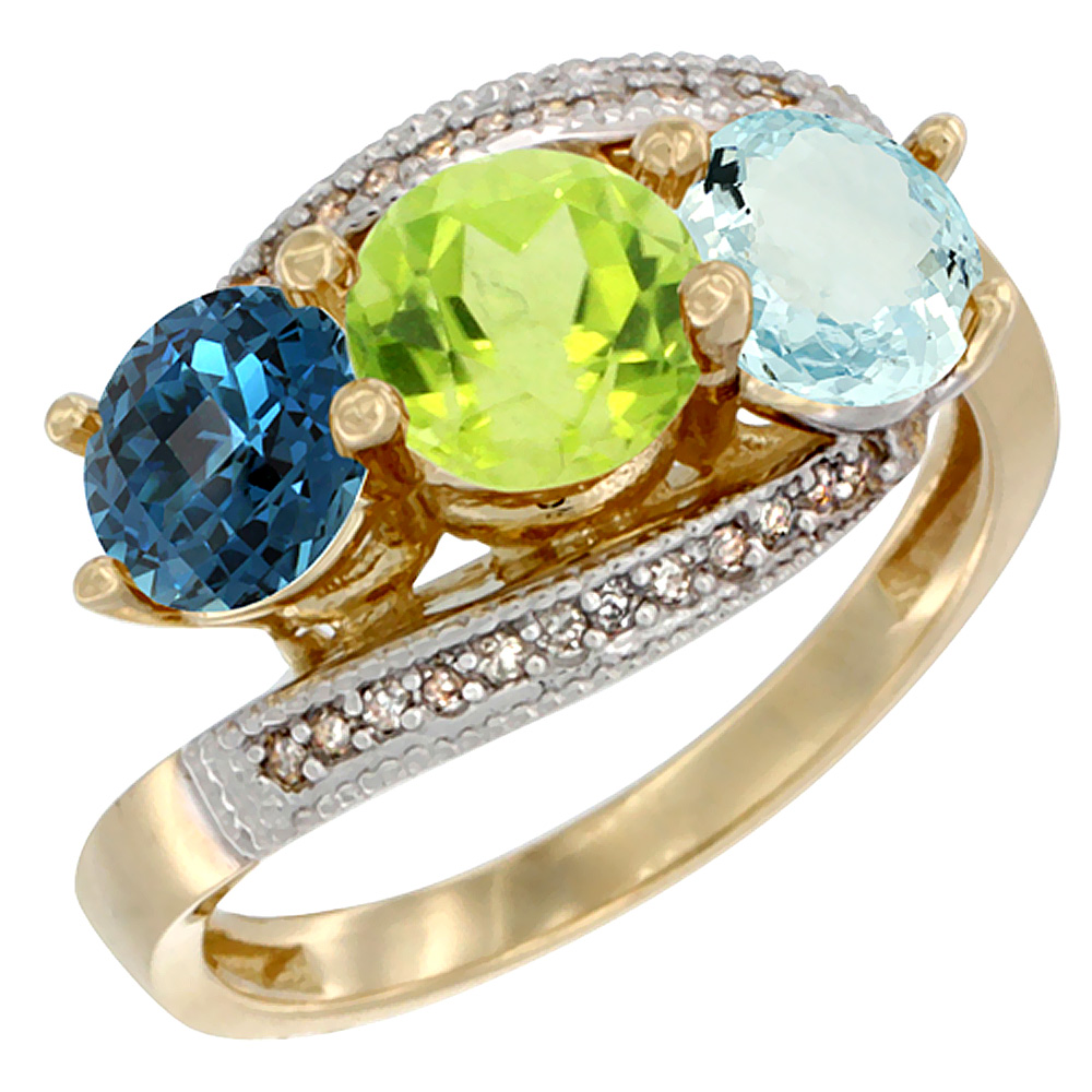 10K Yellow Gold Natural London Blue Topaz, Peridot & Aquamarine 3 stone Ring Round 6mm Diamond Accent, sizes 5 - 10