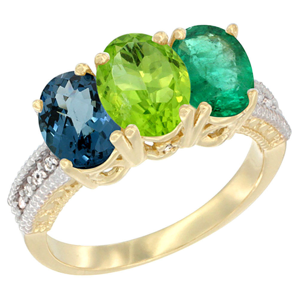 14K Yellow Gold Natural London Blue Topaz, Peridot &amp; Emerald Ring 3-Stone 7x5 mm Oval Diamond Accent, sizes 5 - 10