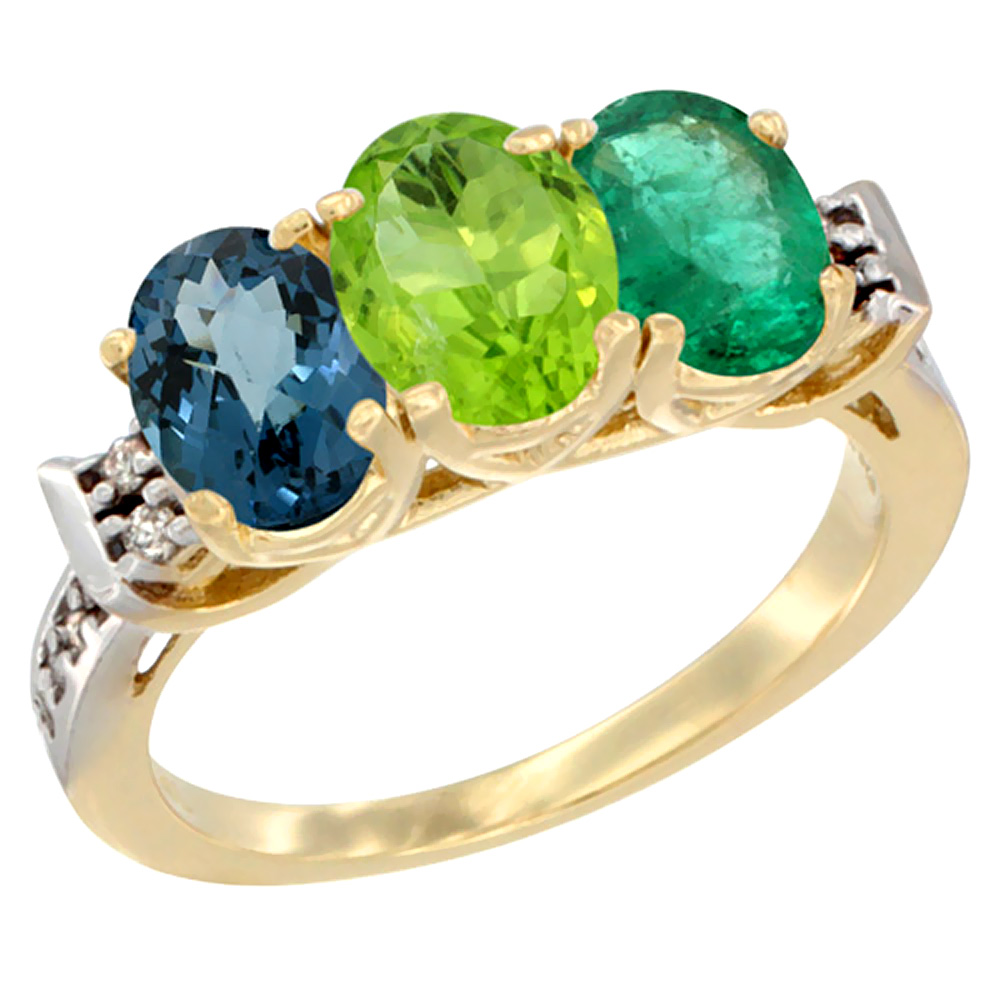 10K Yellow Gold Natural London Blue Topaz, Peridot & Emerald Ring 3-Stone Oval 7x5 mm Diamond Accent, sizes 5 - 10