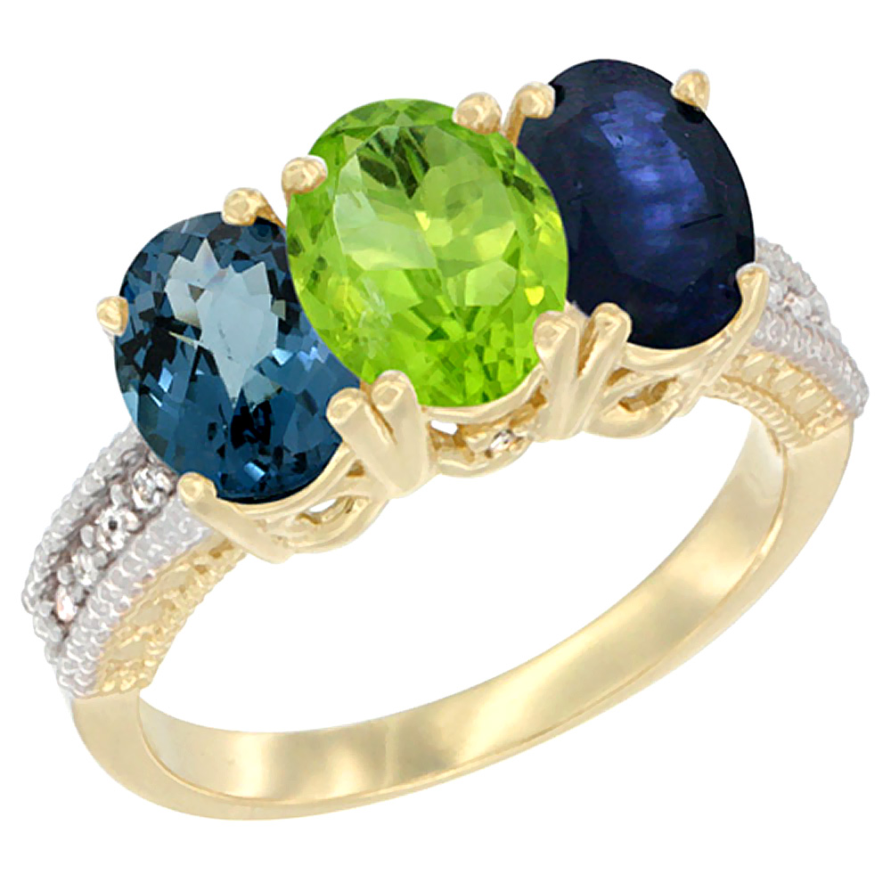 14K Yellow Gold Natural London Blue Topaz, Peridot & Blue Sapphire Ring 3-Stone 7x5 mm Oval Diamond Accent, sizes 5 - 10