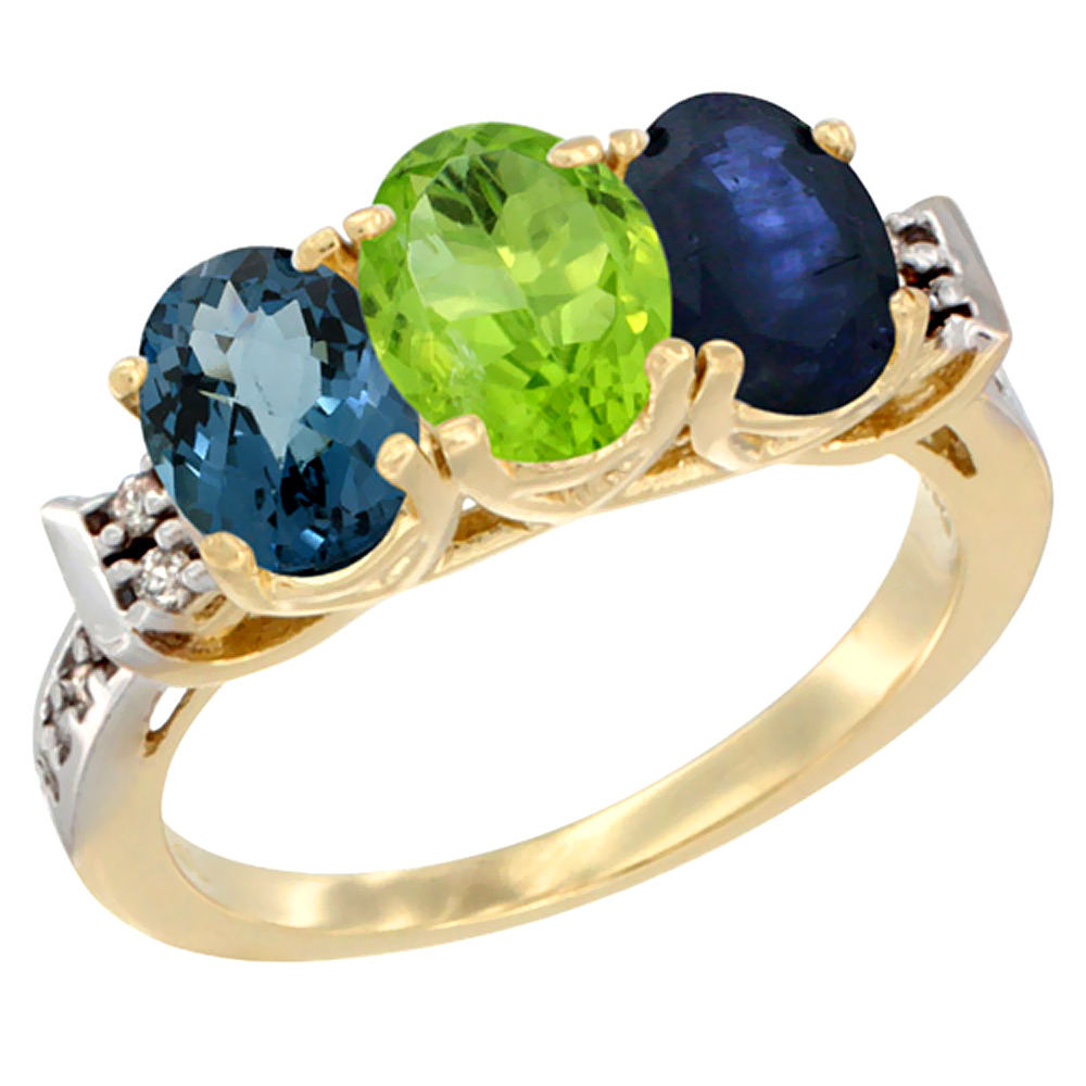 10K Yellow Gold Natural London Blue Topaz, Peridot &amp; Blue Sapphire Ring 3-Stone Oval 7x5 mm Diamond Accent, sizes 5 - 10