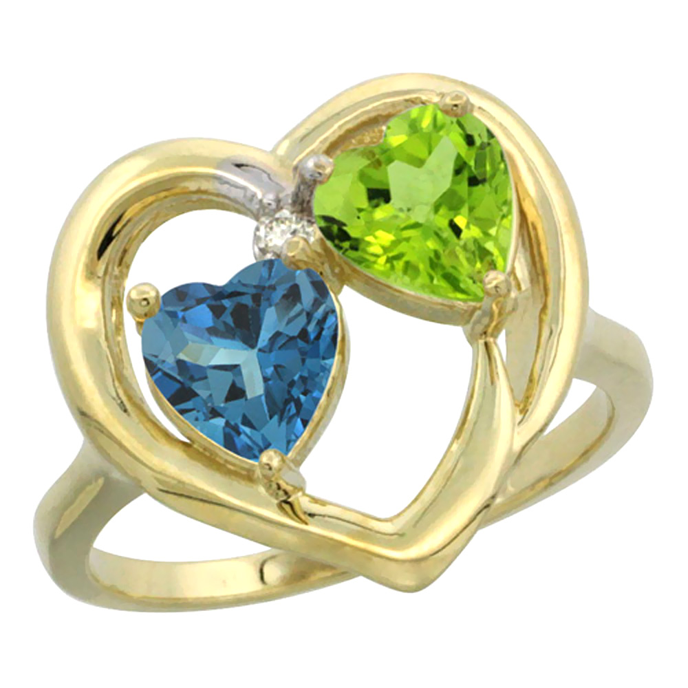 10K Yellow Gold Diamond Two-stone Heart Ring 6mm Natural London Blue Topaz &amp; Peridot, sizes 5-10