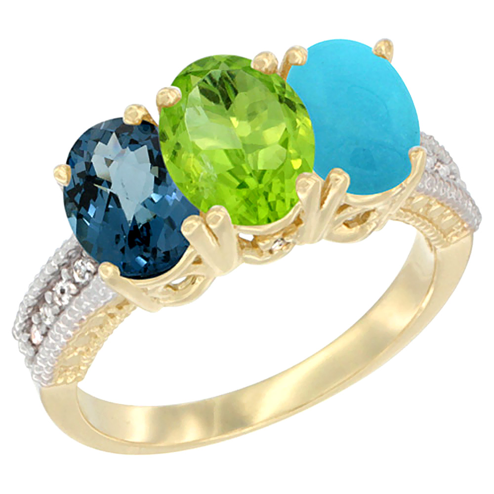 10K Yellow Gold Diamond Natural London Blue Topaz, Peridot & Turquoise Ring 3-Stone Oval 7x5 mm, sizes 5 - 10